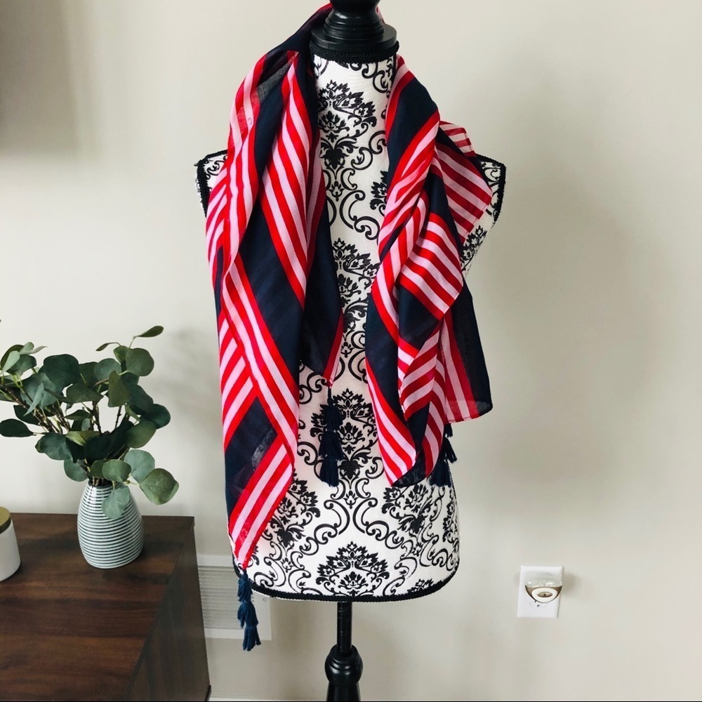 NWOT! Abercrombie & Fitch Tasseled Striped Square Scarf - Red/White/Blue